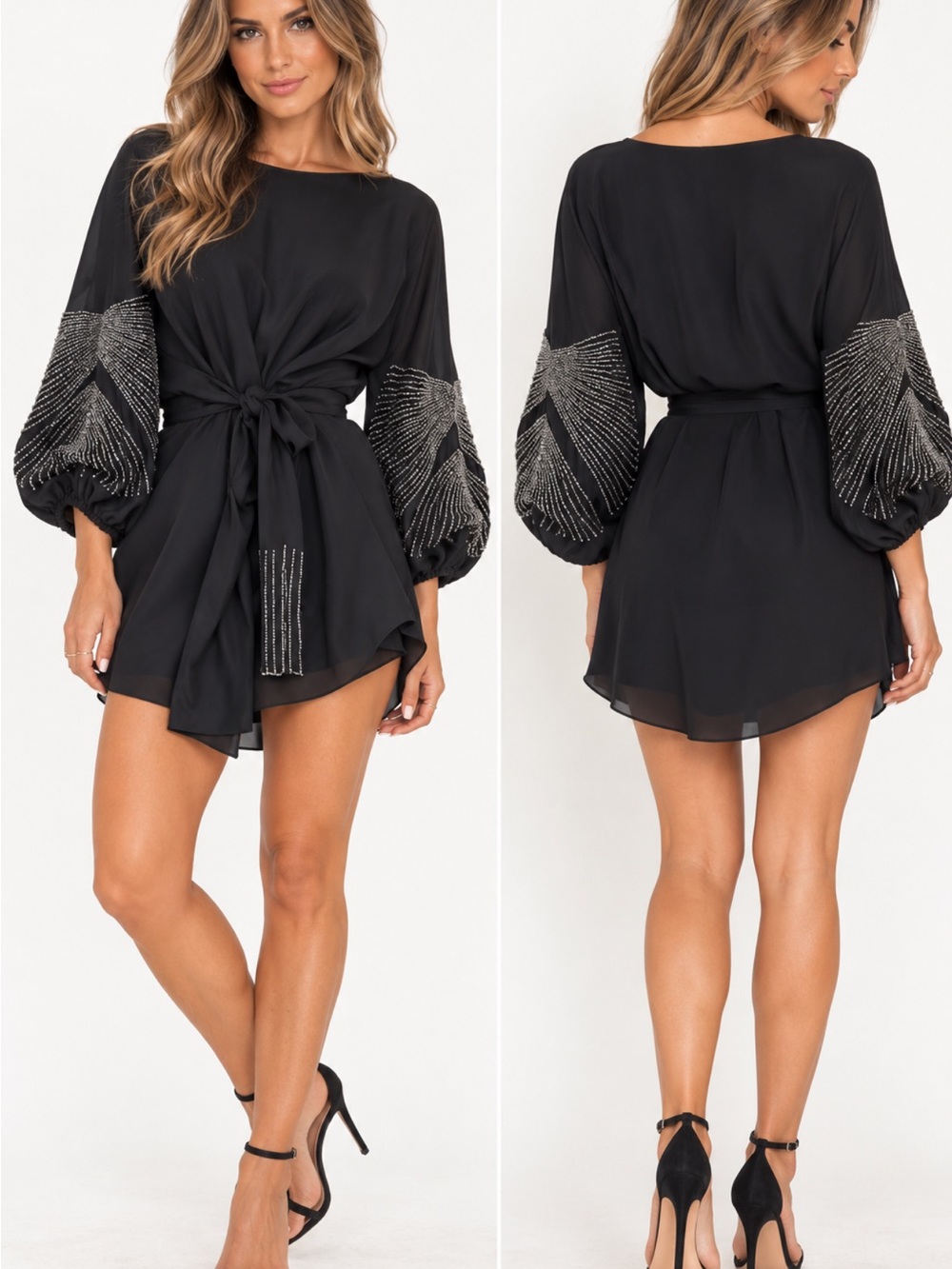 Stunning Vintage Parker Black Embellished Balloon Sleeve Mini Dress